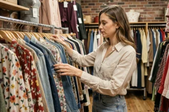 Femme trentenaire qui chine des vêtements vintage dans une boutique de seconde main avec des racks colorés