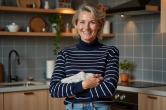 Femme examine un pull dans une cuisine chaleureuse
