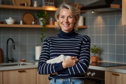 Femme examine un pull dans une cuisine chaleureuse