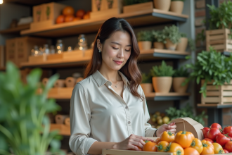 Femme inspectant emballages durables dans un marché bio
