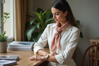Femme élégante ajustant sa montre en intérieur