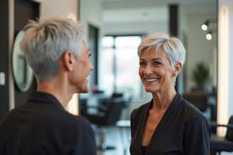 Femme élégante de 60 ans avec cheveux gris courts dans un salon lumineux