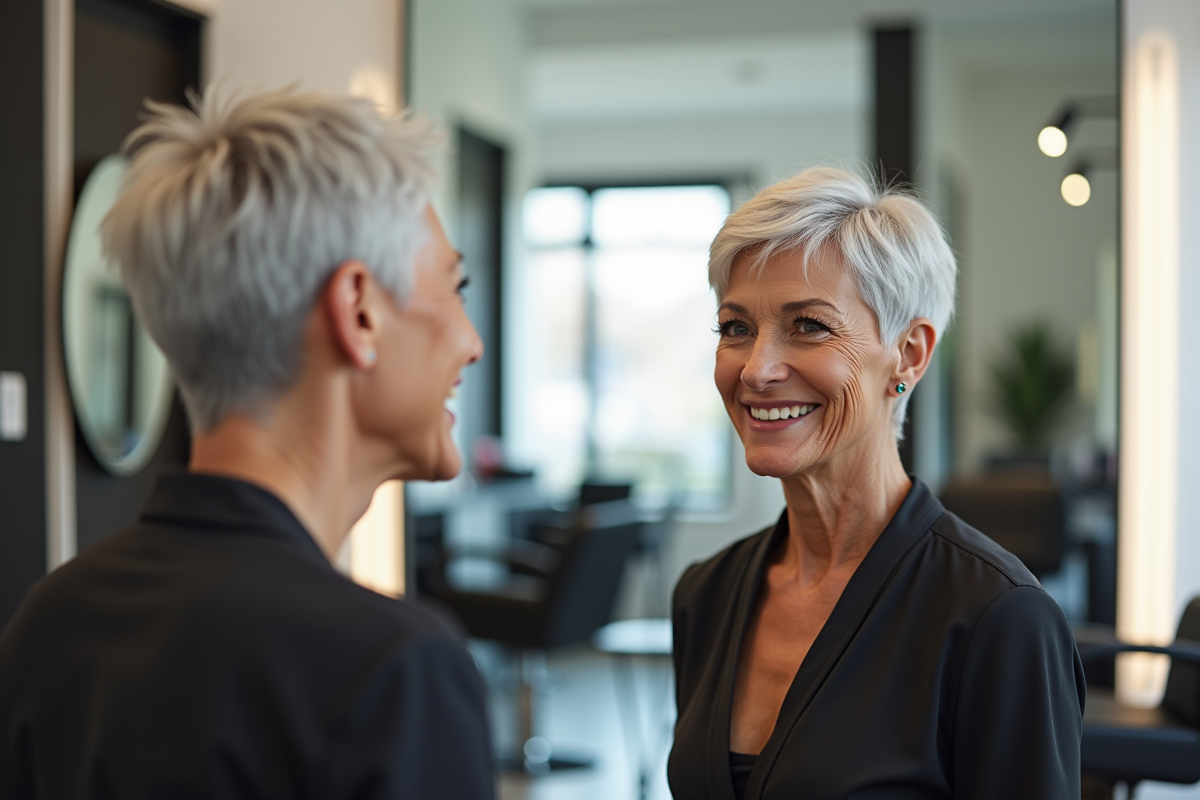 Femme élégante de 60 ans avec cheveux gris courts dans un salon lumineux
