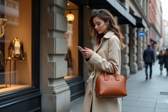 Femme élégante en trench beige vérifiant son téléphone en ville