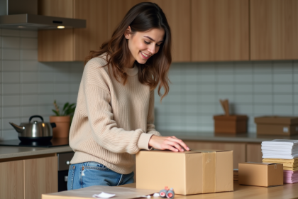 Jeune femme emballant un colis dans sa cuisine chaleureuse