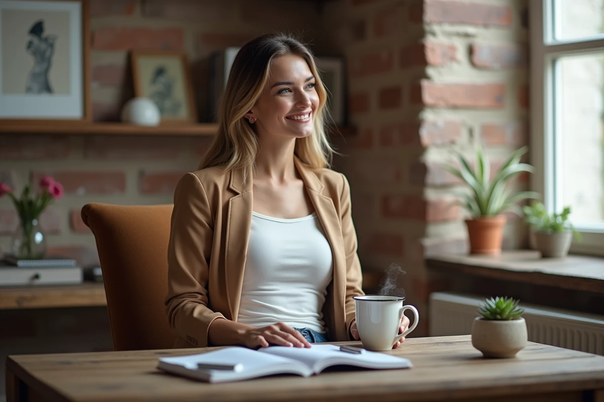 Femme épanouie dans son bureau cosy tenant une tasse de café, ambiance travail lifestyle féminin et bien-être