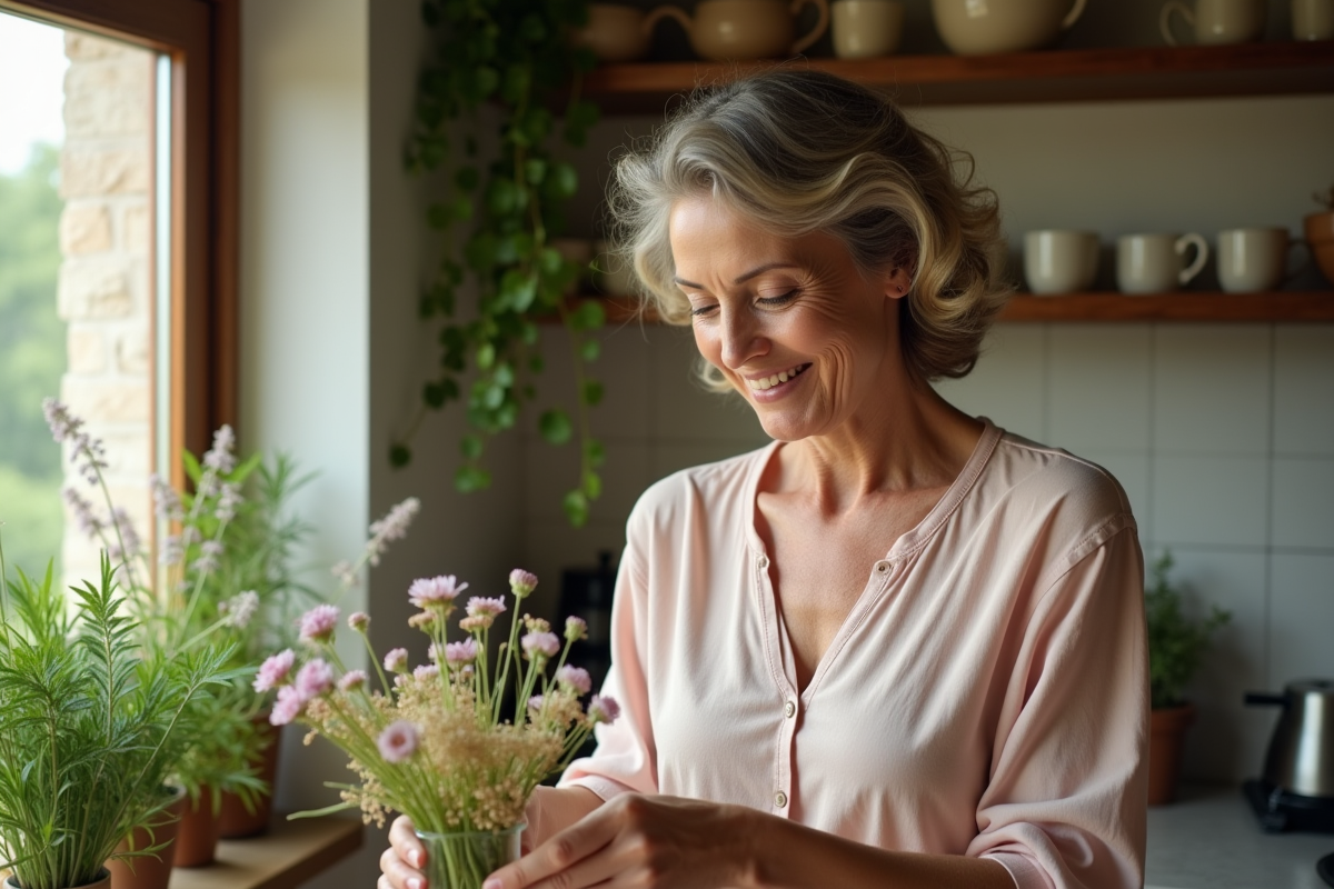 Femme souriante arrangeant des fleurs dans une cuisine