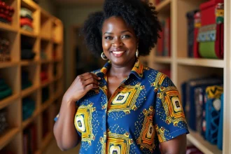 Femme africaine grande taille portant une chemise wax indigo et or dans une boutique de tissu à Dakar