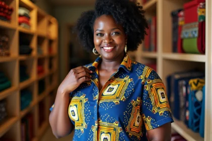 Femme africaine grande taille portant une chemise wax indigo et or dans une boutique de tissu à Dakar