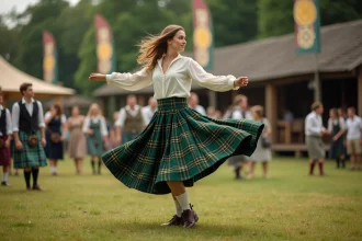 Femme en kilt irlandais vert et safran dansant lors d'un festival celtique en plein air
