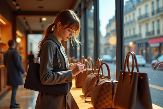 Femme élégante achetant des sacs Louis Vuitton à Paris