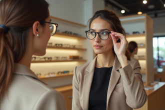 Femme ajustant ses lunettes dans une boutique moderne