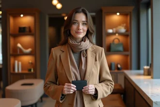 Femme élégante avec portefeuille luxe dans boutique chic