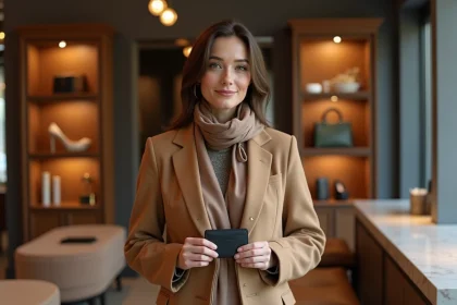 Femme élégante avec portefeuille luxe dans boutique chic