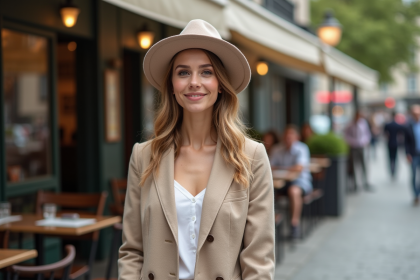 Femme élégante portant un fedora beige dans une rue urbaine