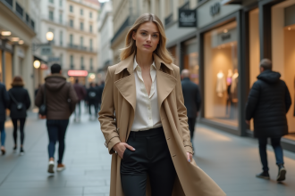 Femme élégante en trench beige dans une rue urbaine moderne
