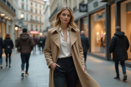 Femme élégante en trench beige dans une rue urbaine moderne