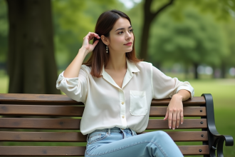 Femme détendue dans un parc en linen et denim