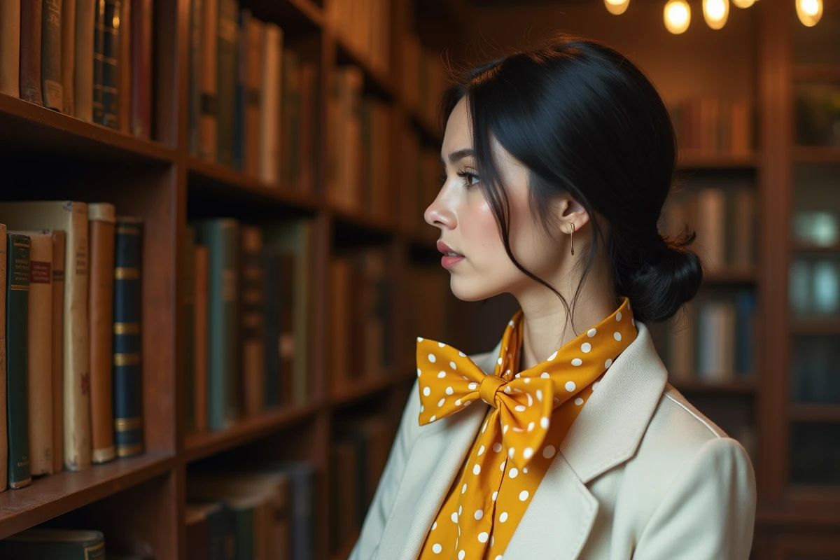 Femme portant un nœud papillon en soie à pois moutarde dans une librairie vintage