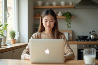 Jeune femme faisant du shopping en ligne à la cuisine