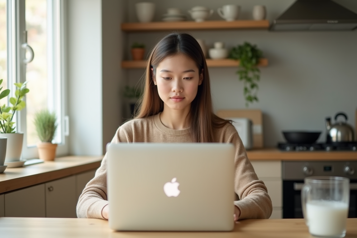 Jeune femme faisant du shopping en ligne à la cuisine