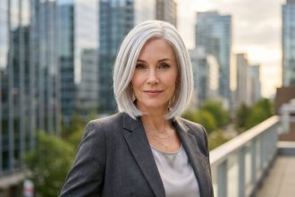 Femme élégante portant une perruque blanche tendance coupe au carré dans un décor urbain moderne