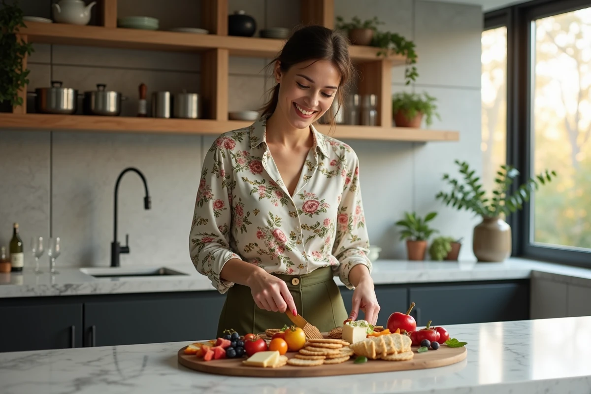 Femme souriante préparant un plateau apéritif gourmand dans une cuisine moderne au marbre, ambiance lifestyle féminin