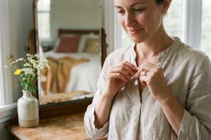 Femme en lin portant un pendentif avec sourire naturel