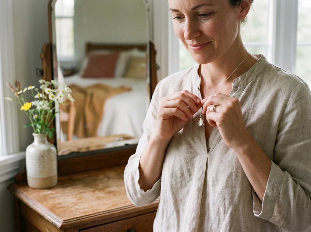 Femme en lin portant un pendentif avec sourire naturel