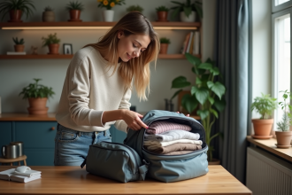 Femme vérifiant la taille d'un sac à dos de voyage de 40 litres
