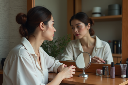 Femme en blanc retouche ses lèvres dans un miroir
