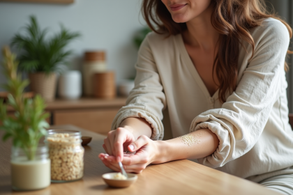 Femme appliquant un gommage corporel naturel à la maison