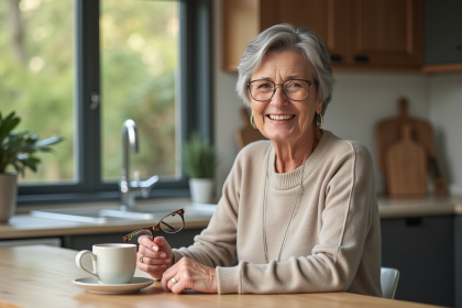 Femme senior souriante ajustant ses lunettes en intérieur