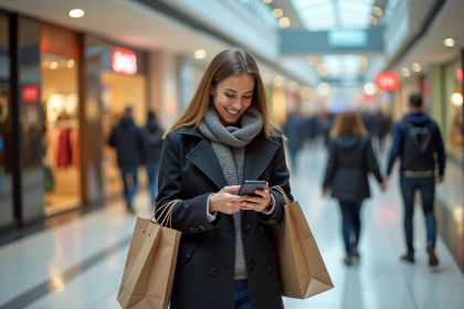 Femme souriante avec sacs de shopping dans un centre commercial
