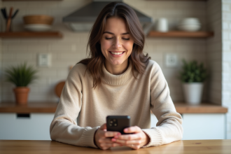 Femme souriante regardant son smartphone dans la cuisine