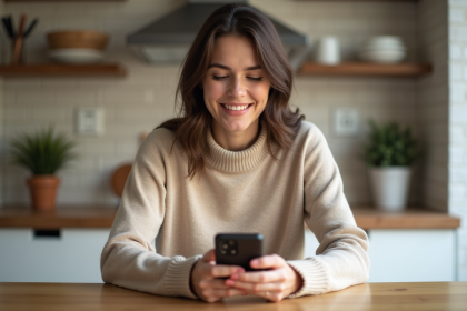 Femme souriante regardant son smartphone dans la cuisine
