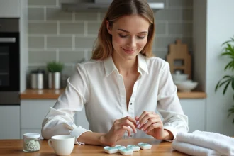 Femme soignée appliquant une capsule d'ongle avec sourire naturel