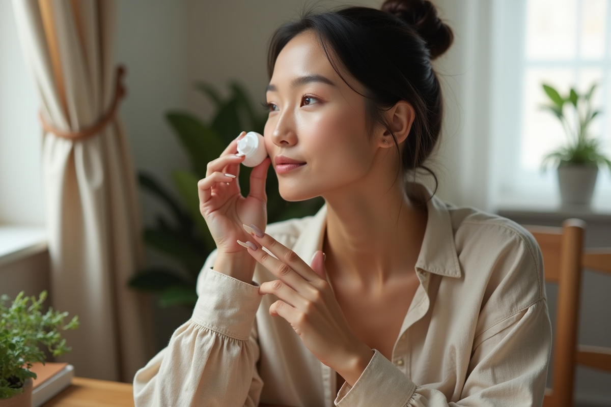 Femme appliquant une creme visage dans un cadre cozy
