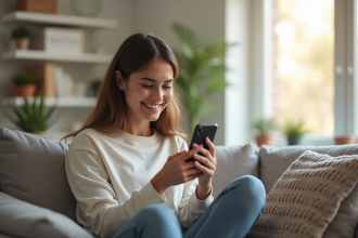 Jeune femme souriante dans un salon lumineux