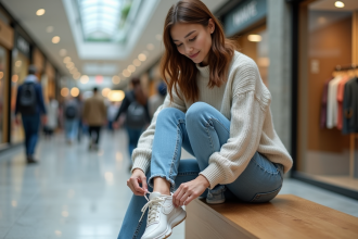 Femme en jeans et sweater attachant ses sneakers dans un centre commercial