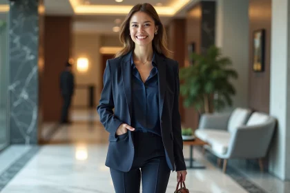 Femme élégante en costume navy avec sac Charm dans un lobby moderne