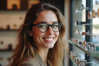 Femme souriante essayant des lunettes tendance dans une boutique