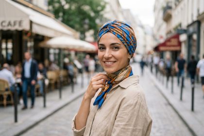 Femme élégante portant turban vibrant à Paris