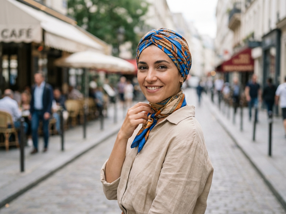 Femme élégante portant turban vibrant à Paris