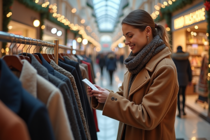 Femme élégante examinant un manteau d'hiver en magasin