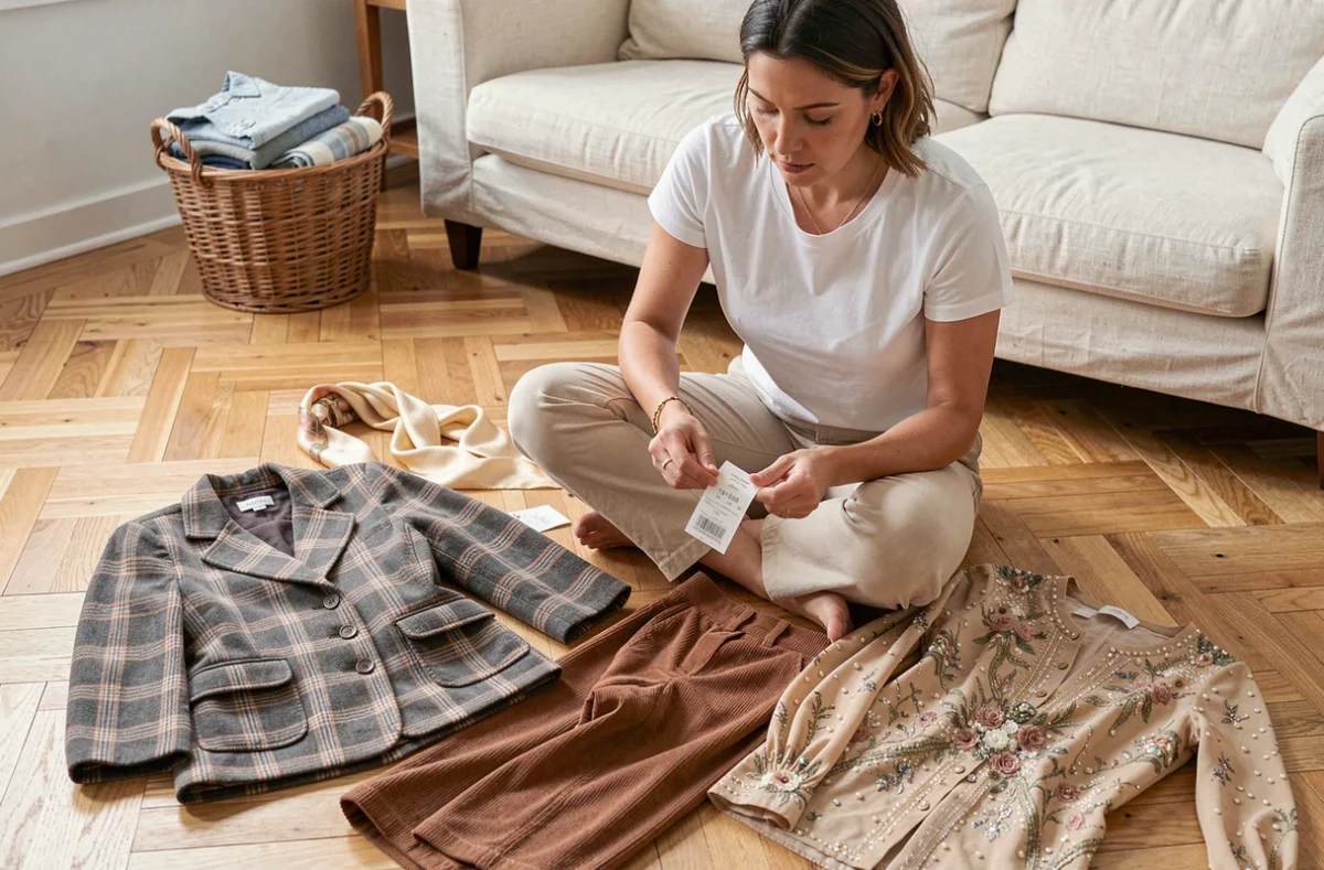 Femme examinant des vêtements vintage abordables étalés sur le sol de son appartement avec étiquettes de prix