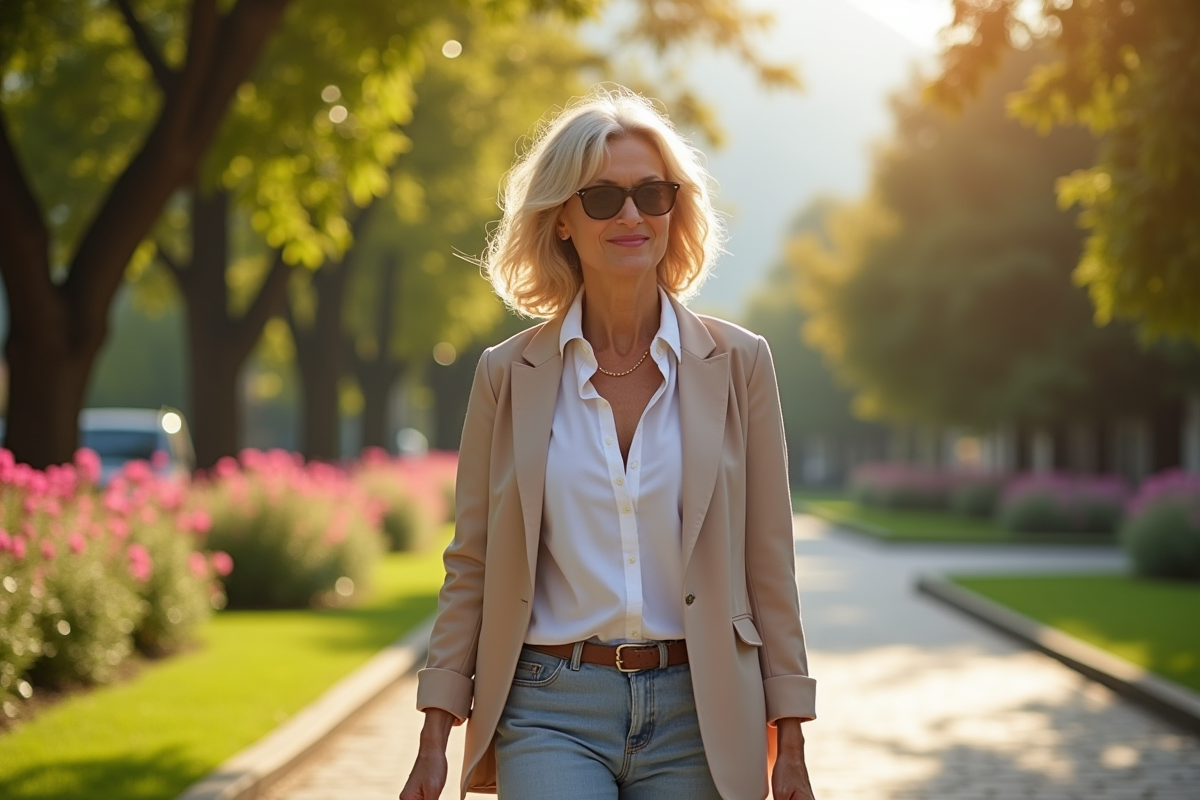 Femme de 60 ans avec cheveux ondules dans un parc ensoleille