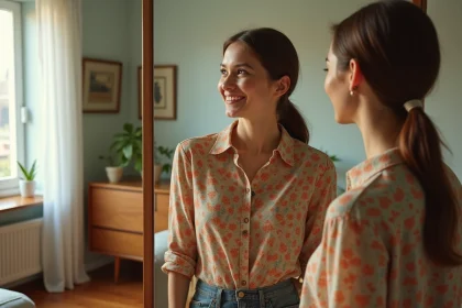 Femme souriante inspectant une blouse vintage dans son miroir