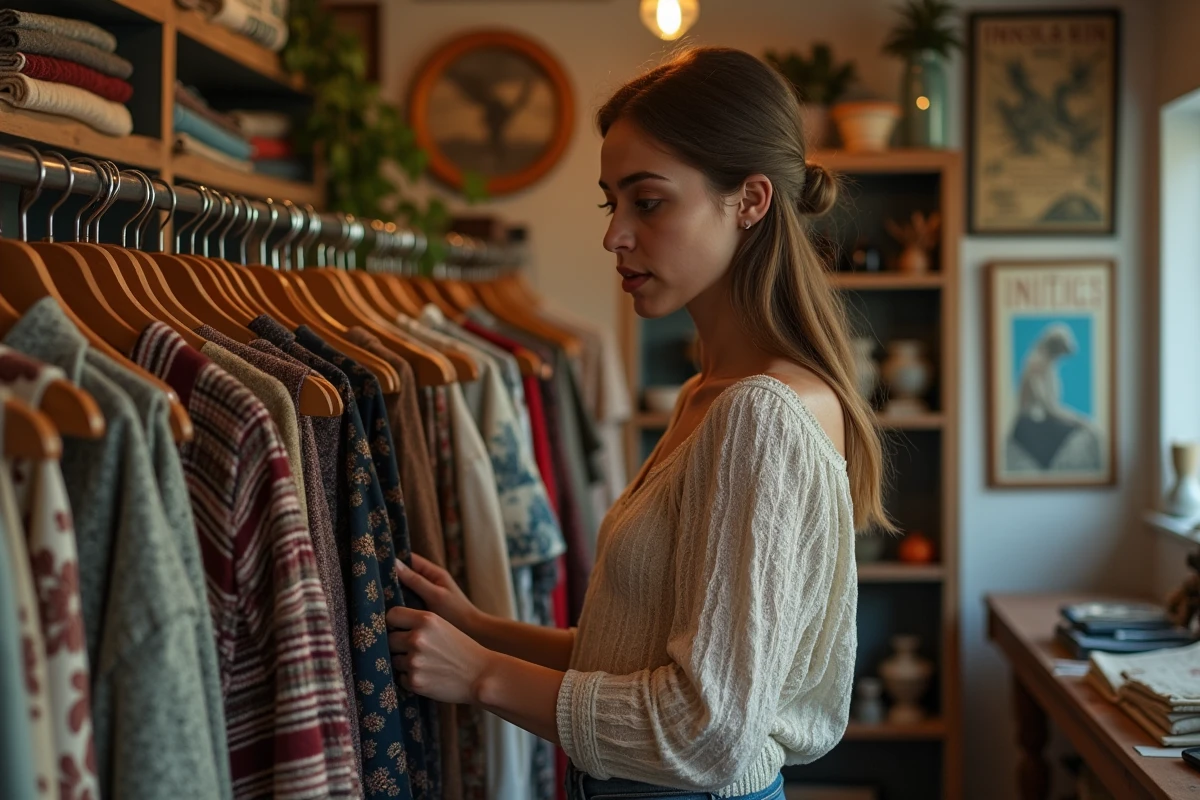 Jeune femme regardant des robes vintage dans une boutique
