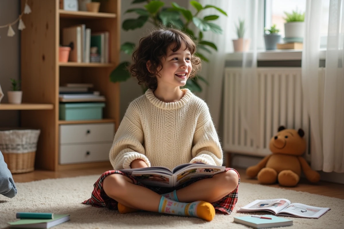 Fille riant en lisant dans sa chambre chaleureuse